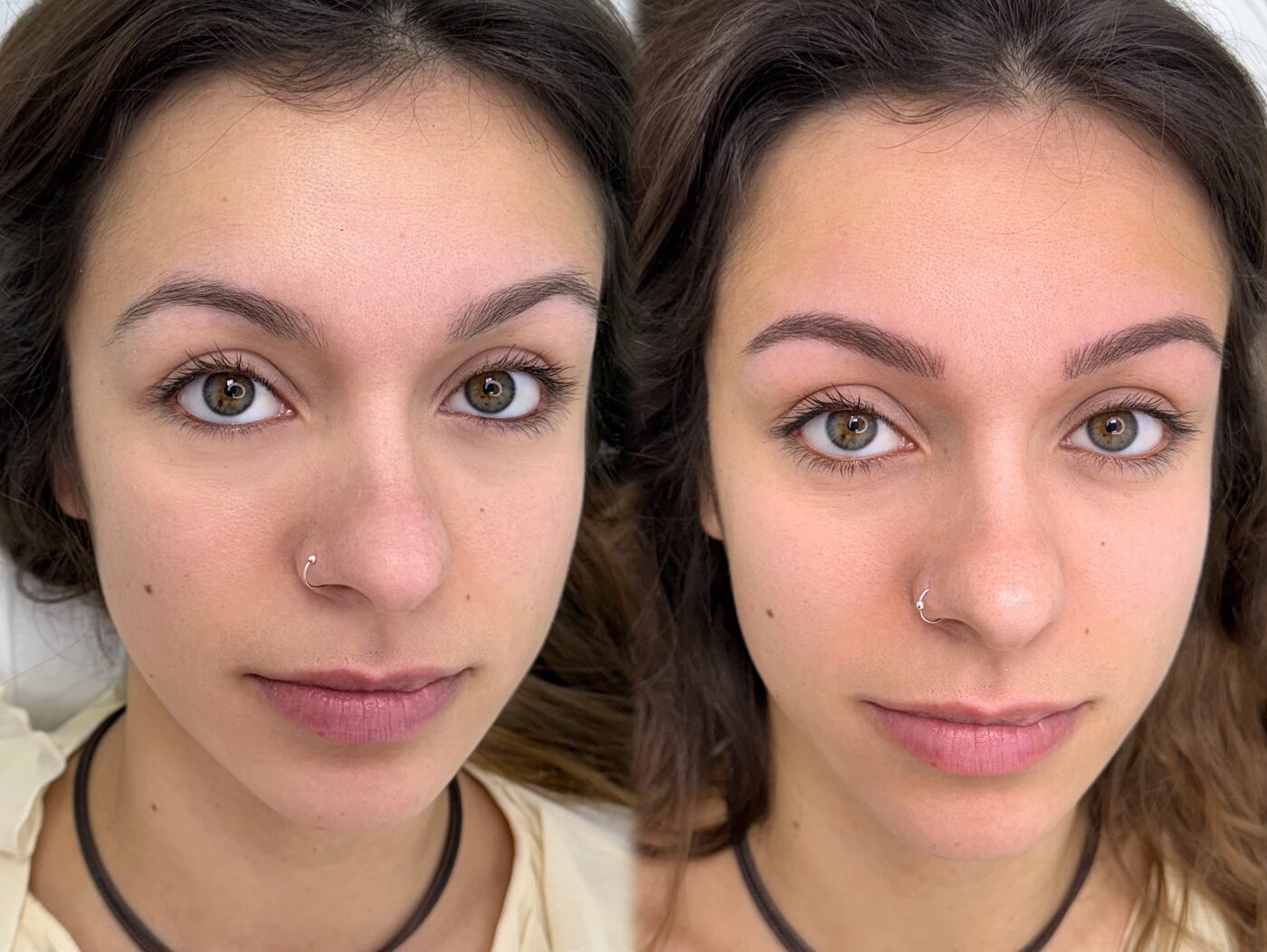 Rostro completo antes y después de la micropigmentación de cejas
