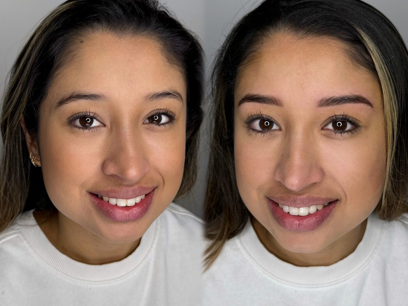 Clienta antes y después de la micropigmentación de cejas