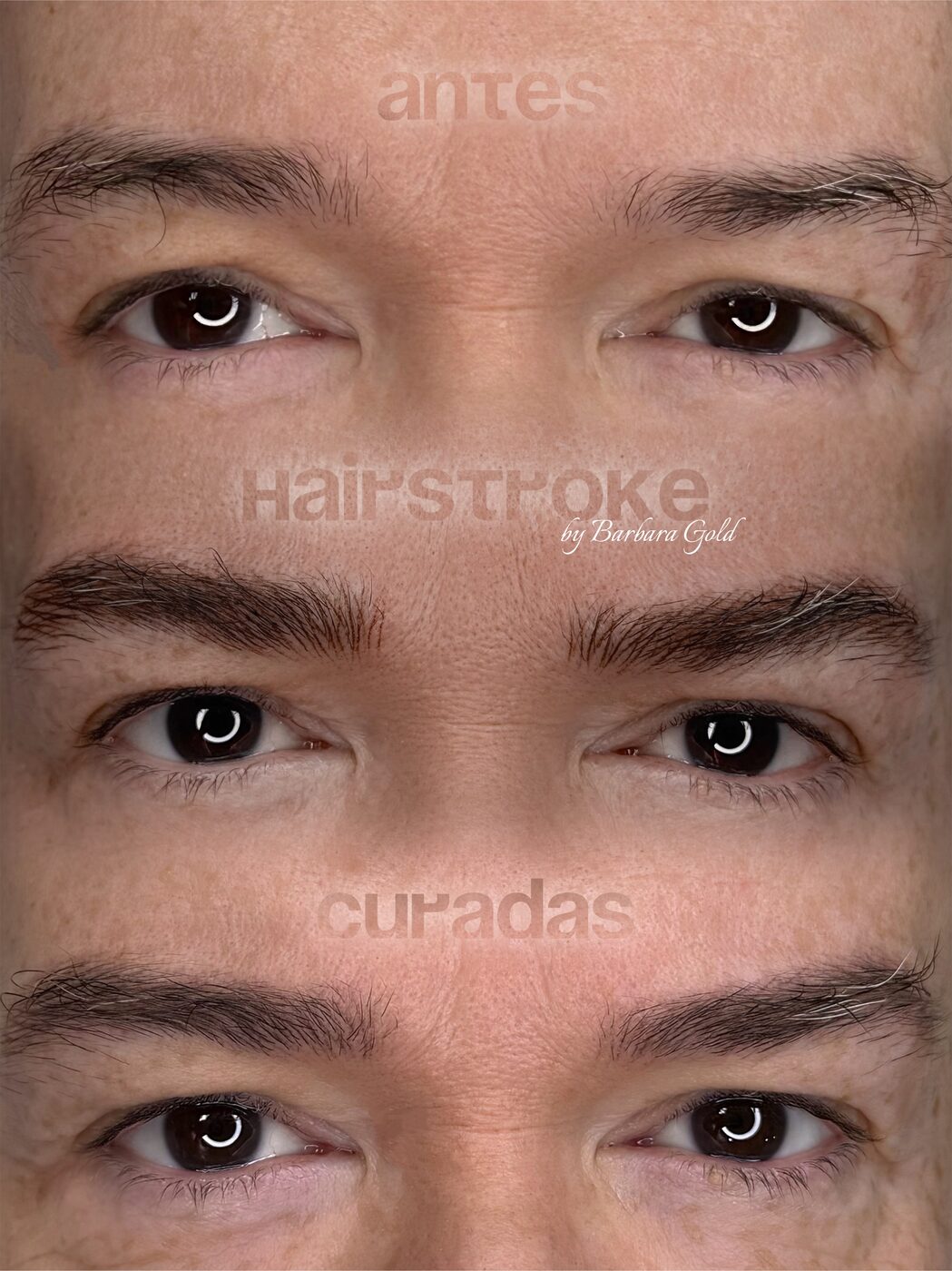 Cejas masculinas antes, recién hechas y curadas con técnica hairstroke